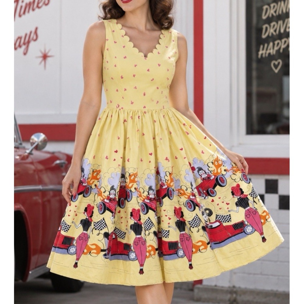 Lindy Bop Retro Novelty Dress 12 Fit And Flare  Rockabilly Pinup Hotrod Cotton